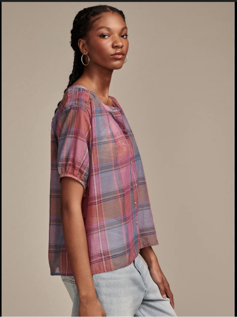 Lucky Brand Pink & Purple Plaid Smocked-Shoulder Blouse